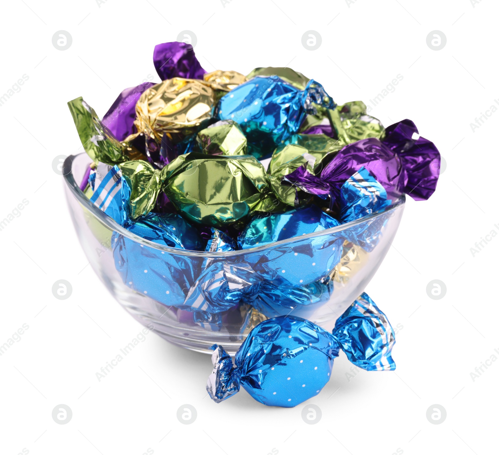 Photo of Bowl with candies in colorful wrappers isolated on white