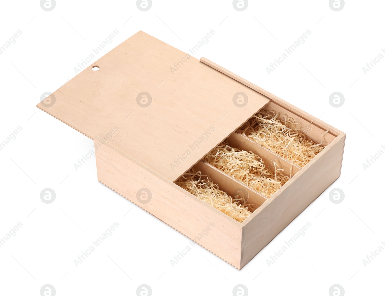 Photo of Open wooden wine box with straw isolated on white