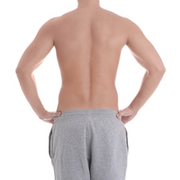 Young athletic man on white background, closeup. Weight loss