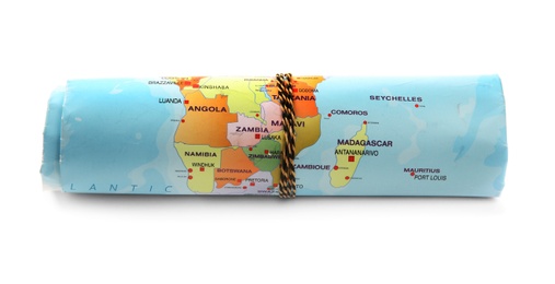 Photo of Rolled world map on white background. Camping equipment