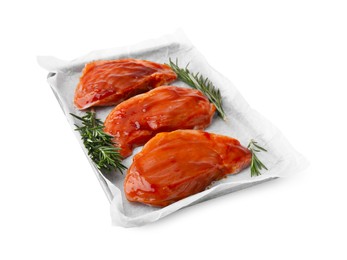 Raw marinated meat and rosemary isolated on white