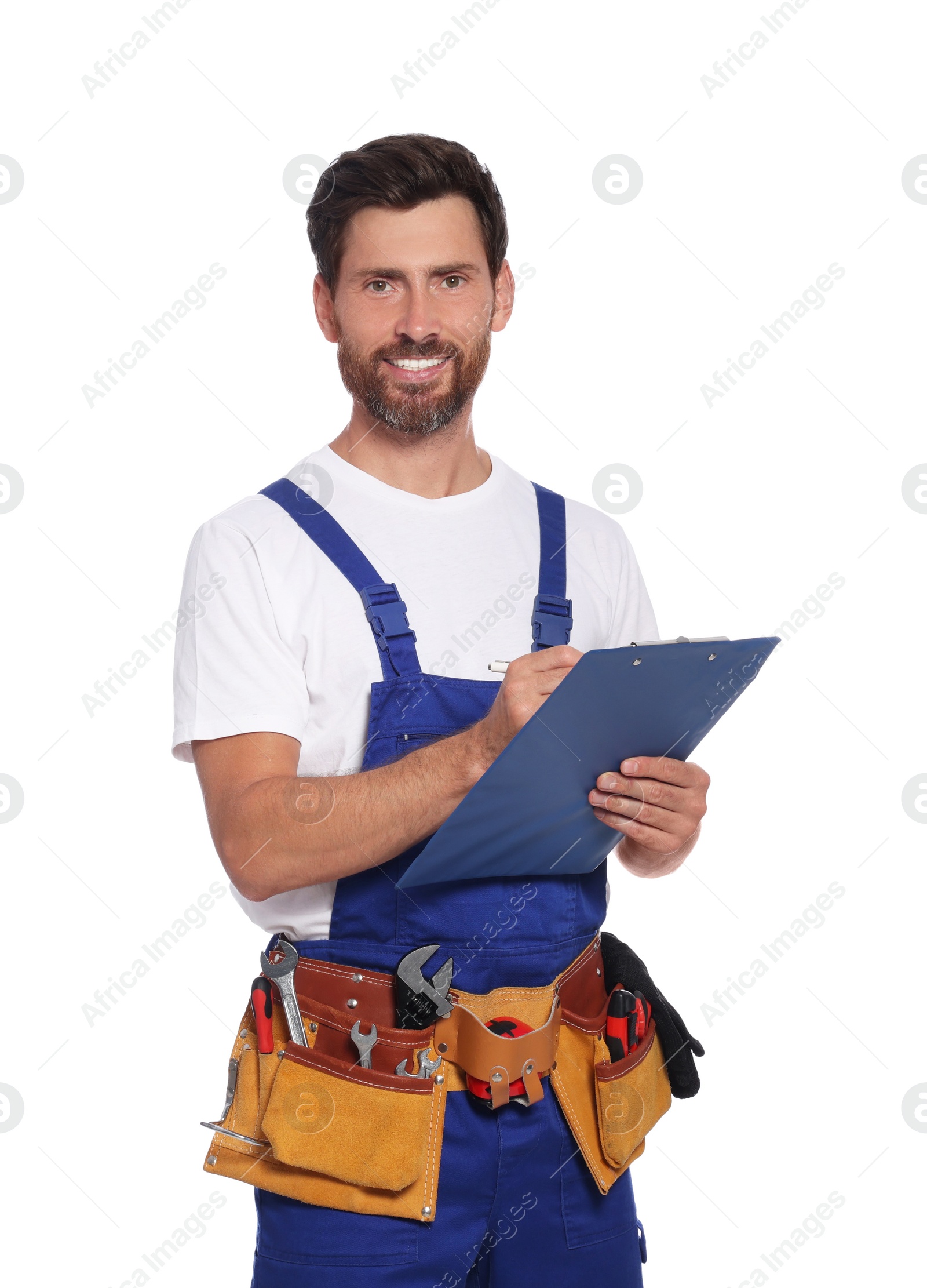 Photo of Professional plumber with clipboard and tool belt on white background