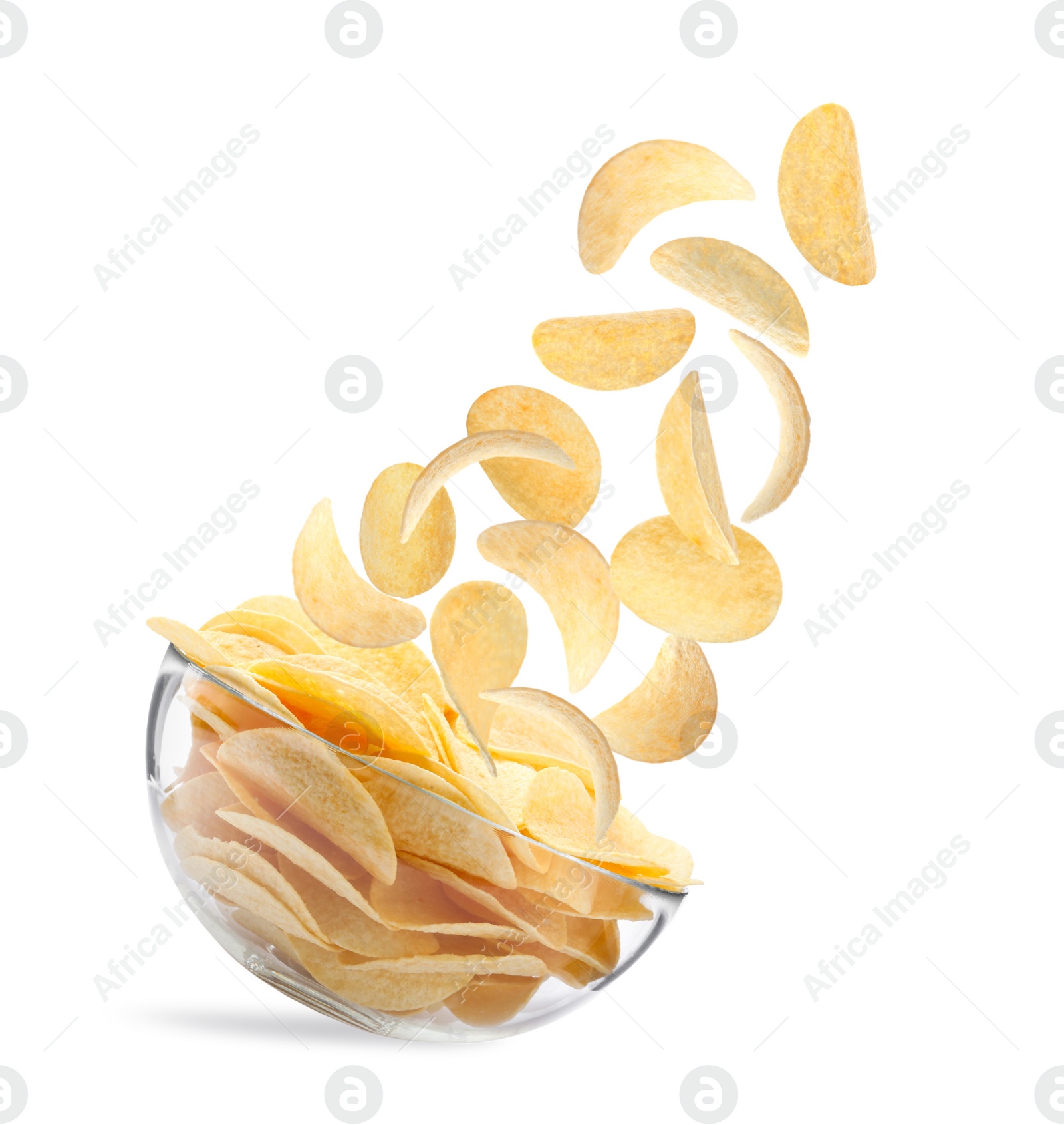 Image of Fried crispy potato chips falling into bowl on white background