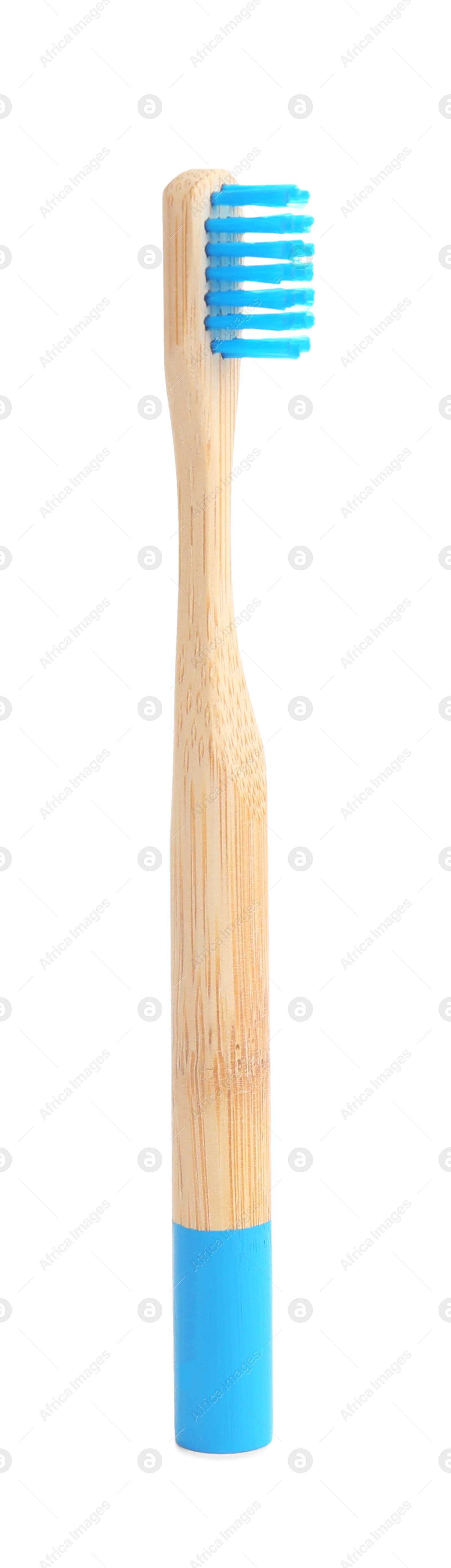 Photo of Bamboo toothbrush with blue bristle isolated on white