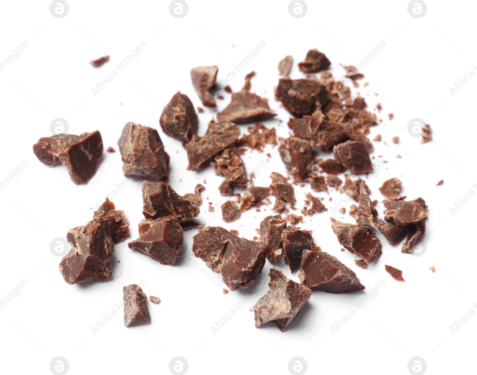 Photo of Delicious black chocolate pieces on white background