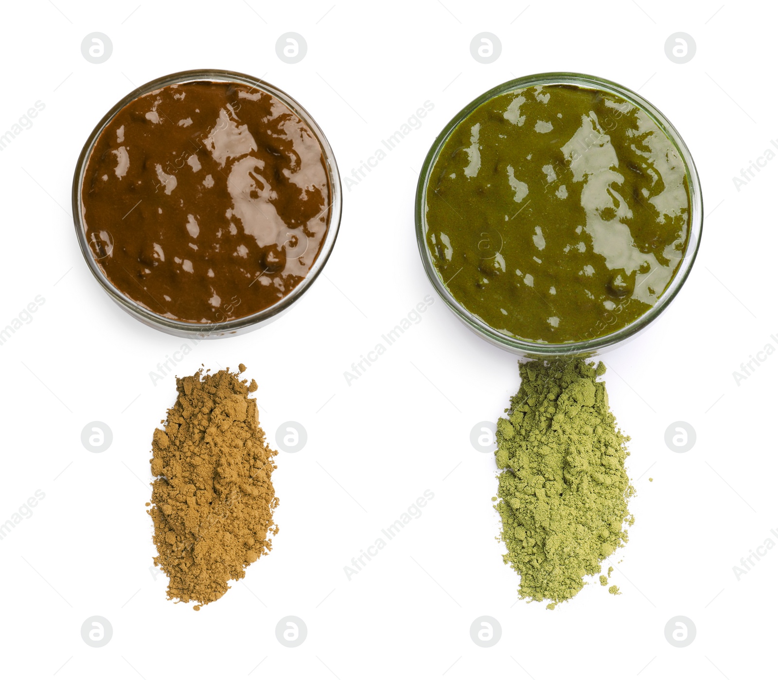 Image of Set with henna paste and powder of different colors isolated on white, top view