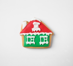 Tasty homemade Christmas cookie on white background, top view