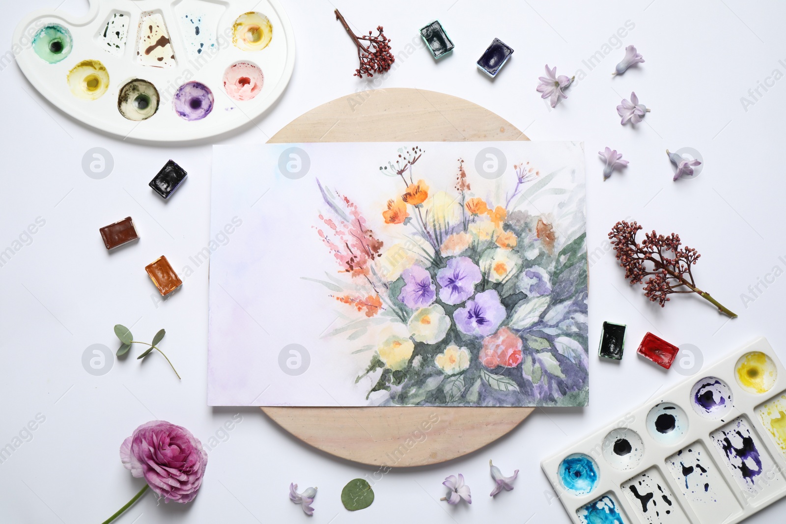 Photo of Flat lay composition with floral picture and watercolor paints on white background