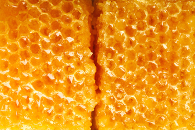 Photo of Delicious sweet honeycombs as background, closeup view