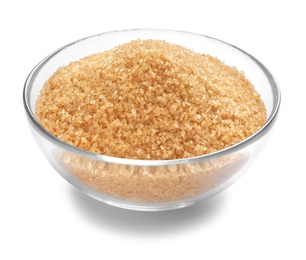 Bowl with brown sugar on white background