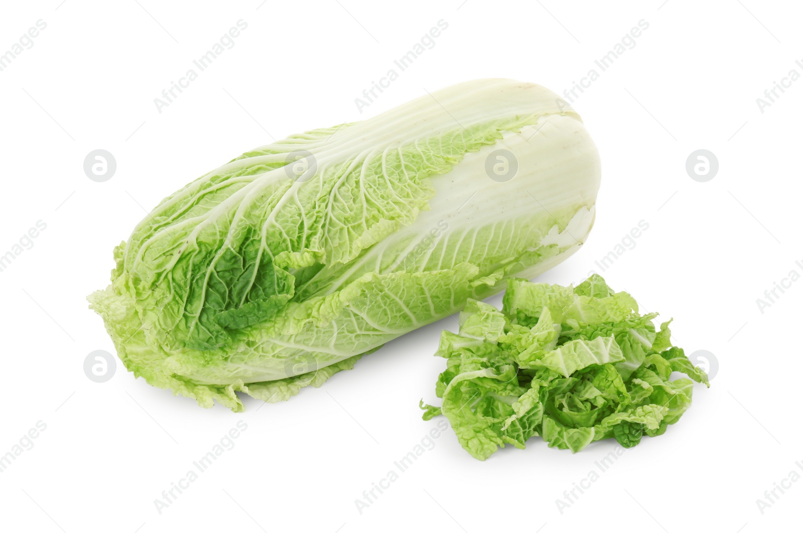 Photo of Fresh Chinese cabbage and shredded one isolated on white