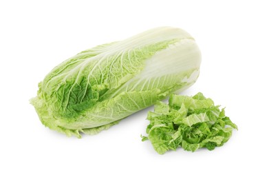Photo of Fresh Chinese cabbage and shredded one isolated on white