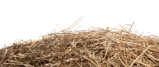 Photo of Dried straw isolated on white. Livestock feed