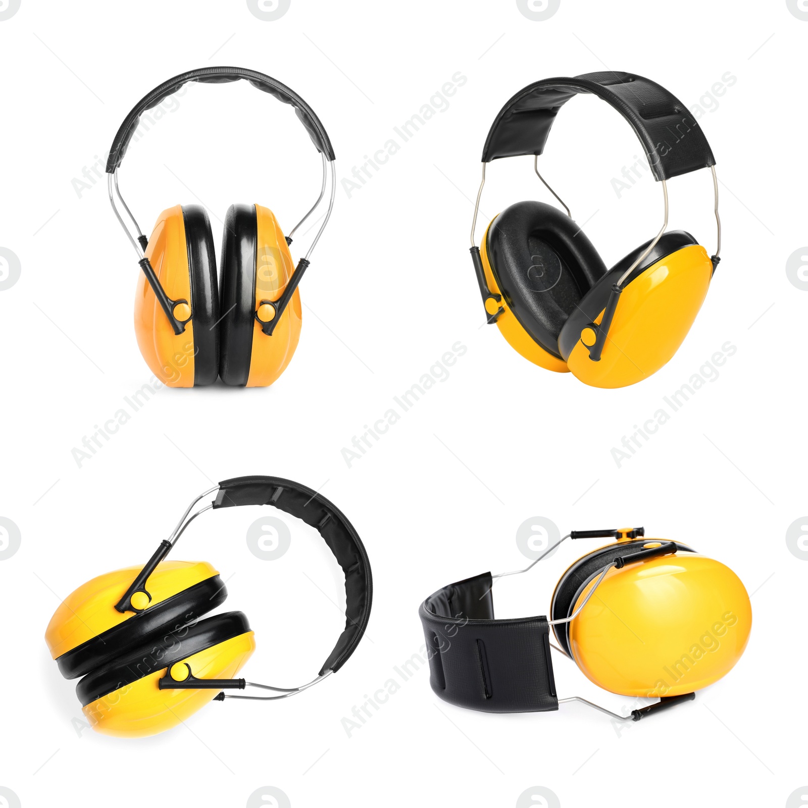 Image of Set with protective headphones on white background. Safety equipment