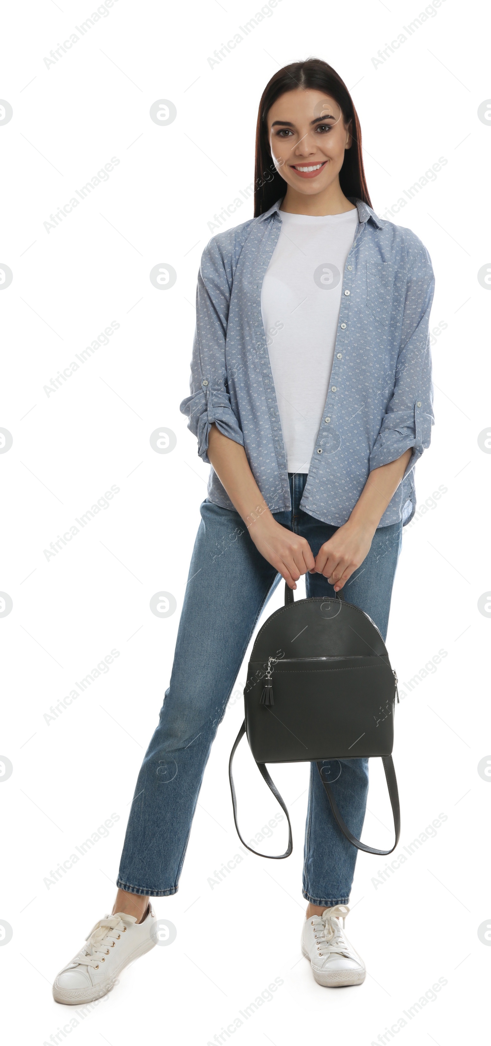 Photo of Young woman with stylish backpack on white background