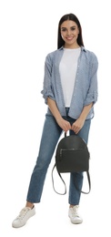 Photo of Young woman with stylish backpack on white background