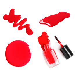 Image of Collage of red nail polish on white background, top view