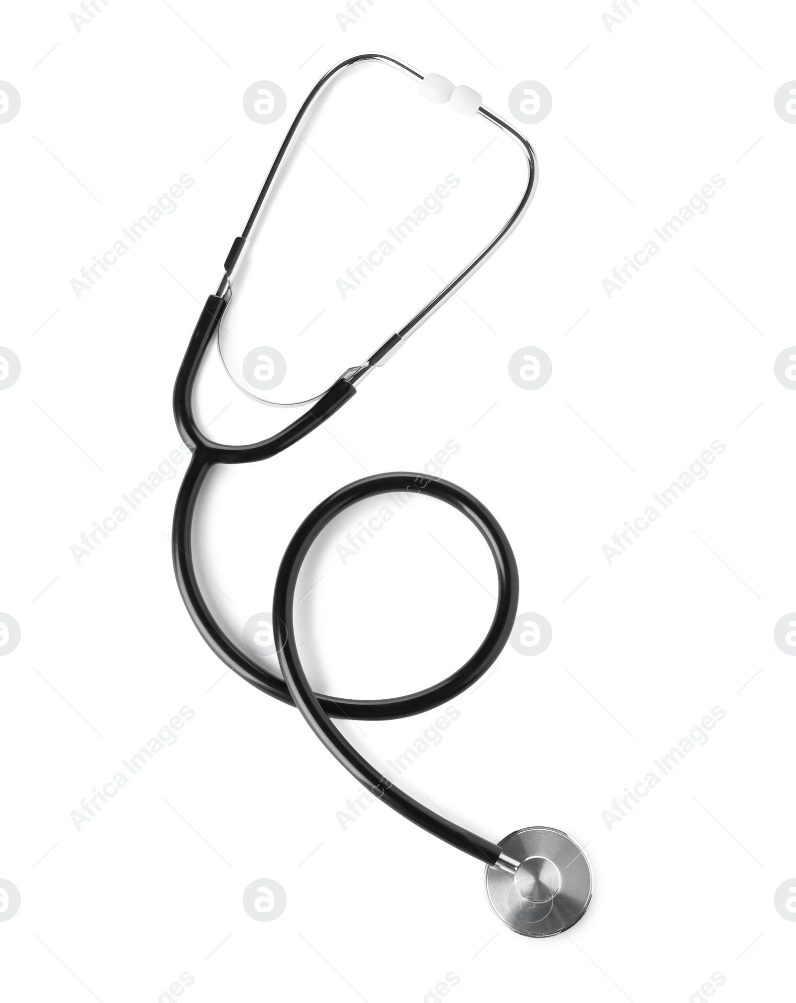 Photo of Stethoscope on white background, top view. Medical device