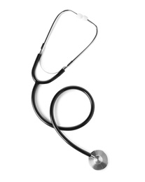 Stethoscope on white background, top view. Medical device