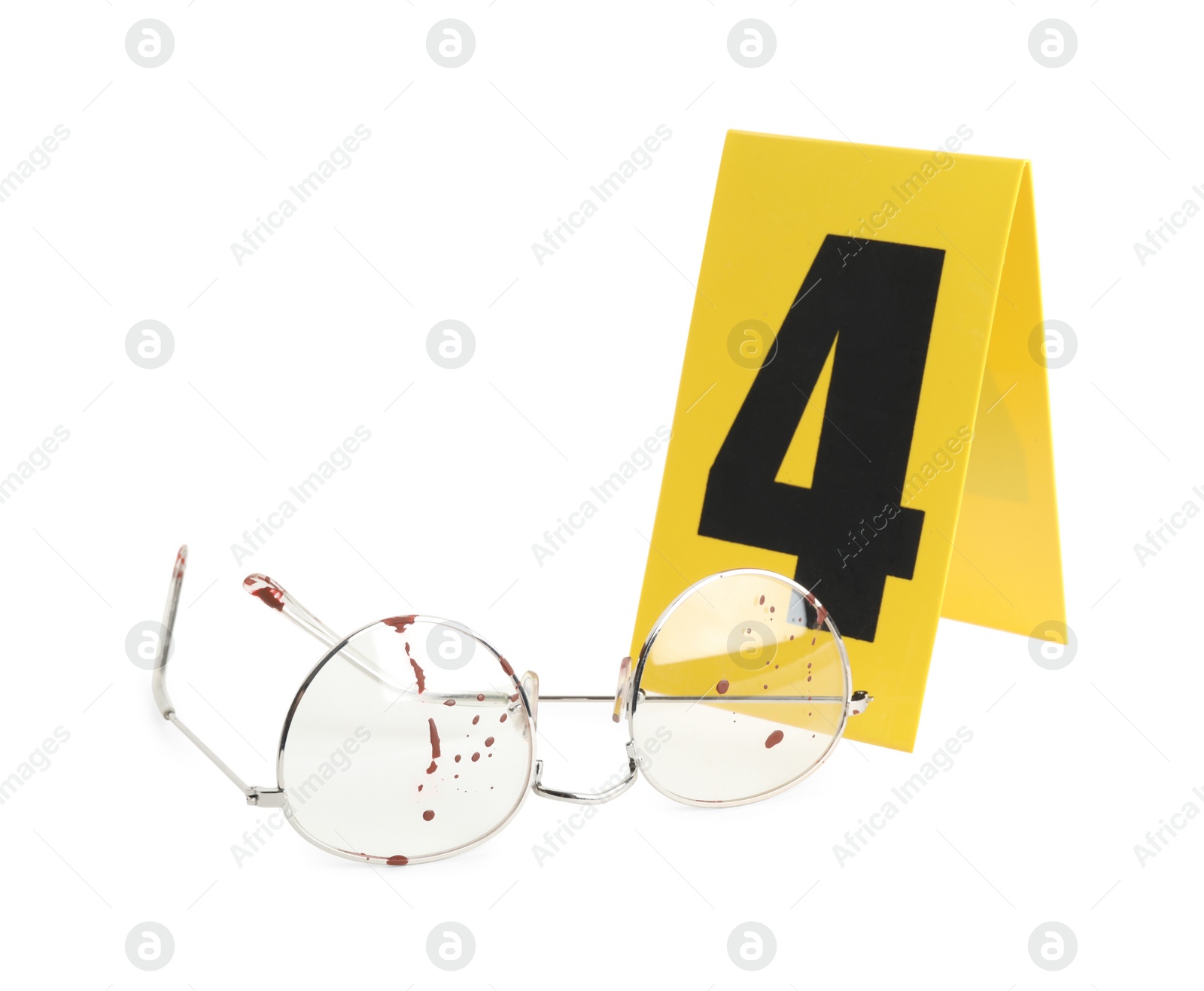 Photo of Bloody glasses and crime scene marker with number four isolated on white