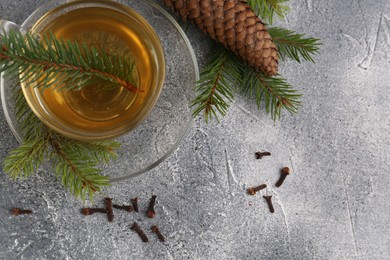 Photo of Cup with delicious immunity boosting tea and fir on grey table, flat lay