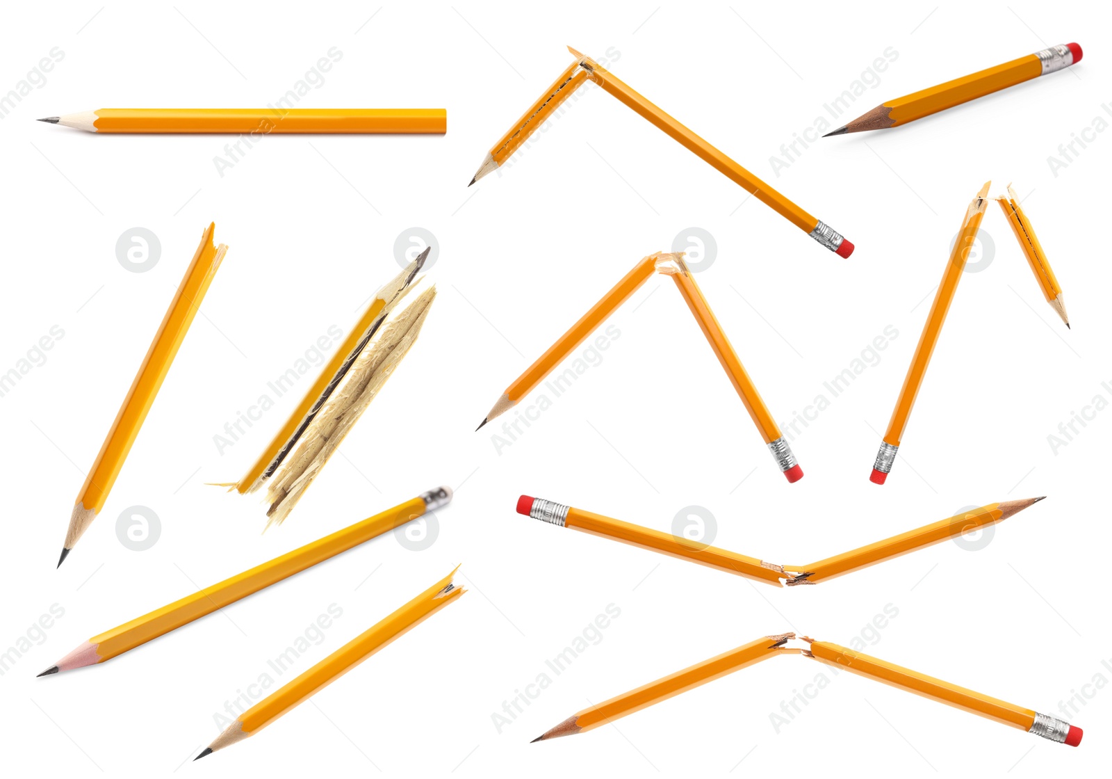 Image of Set with whole and broken pencils on white background