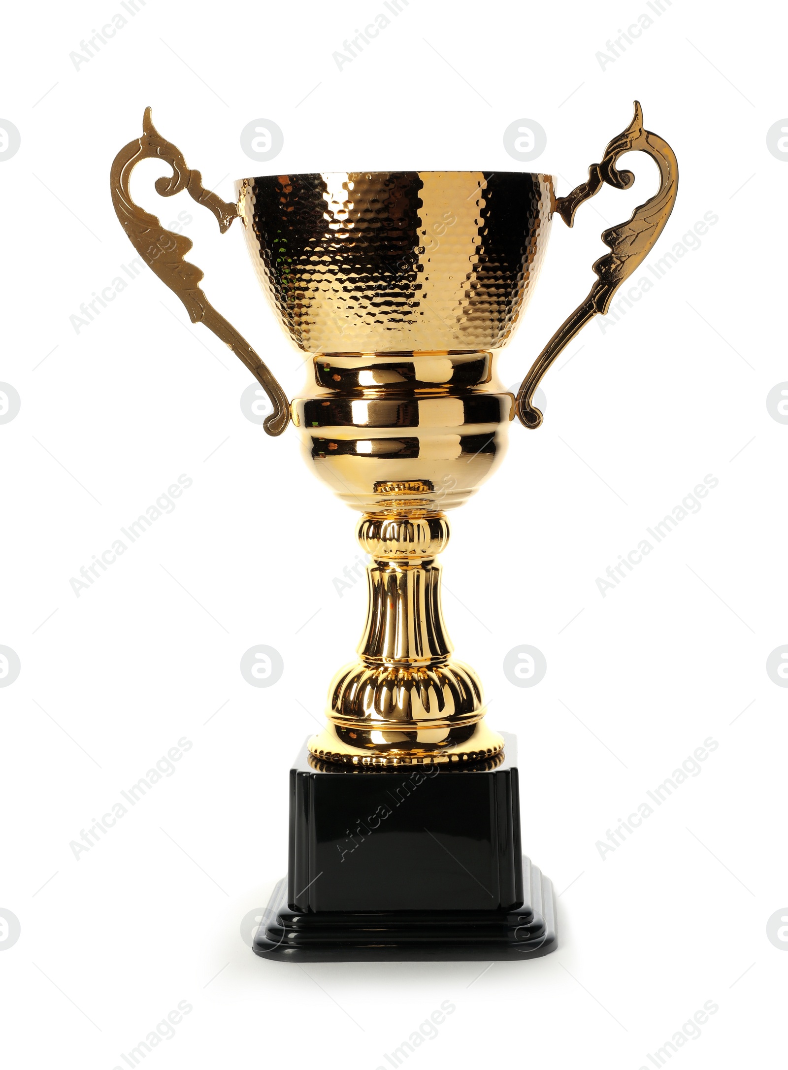 Photo of Gold shiny cup on white background. Symbol of victory