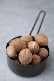Photo of Whole nutmegs in small saucepan on light table, closeup