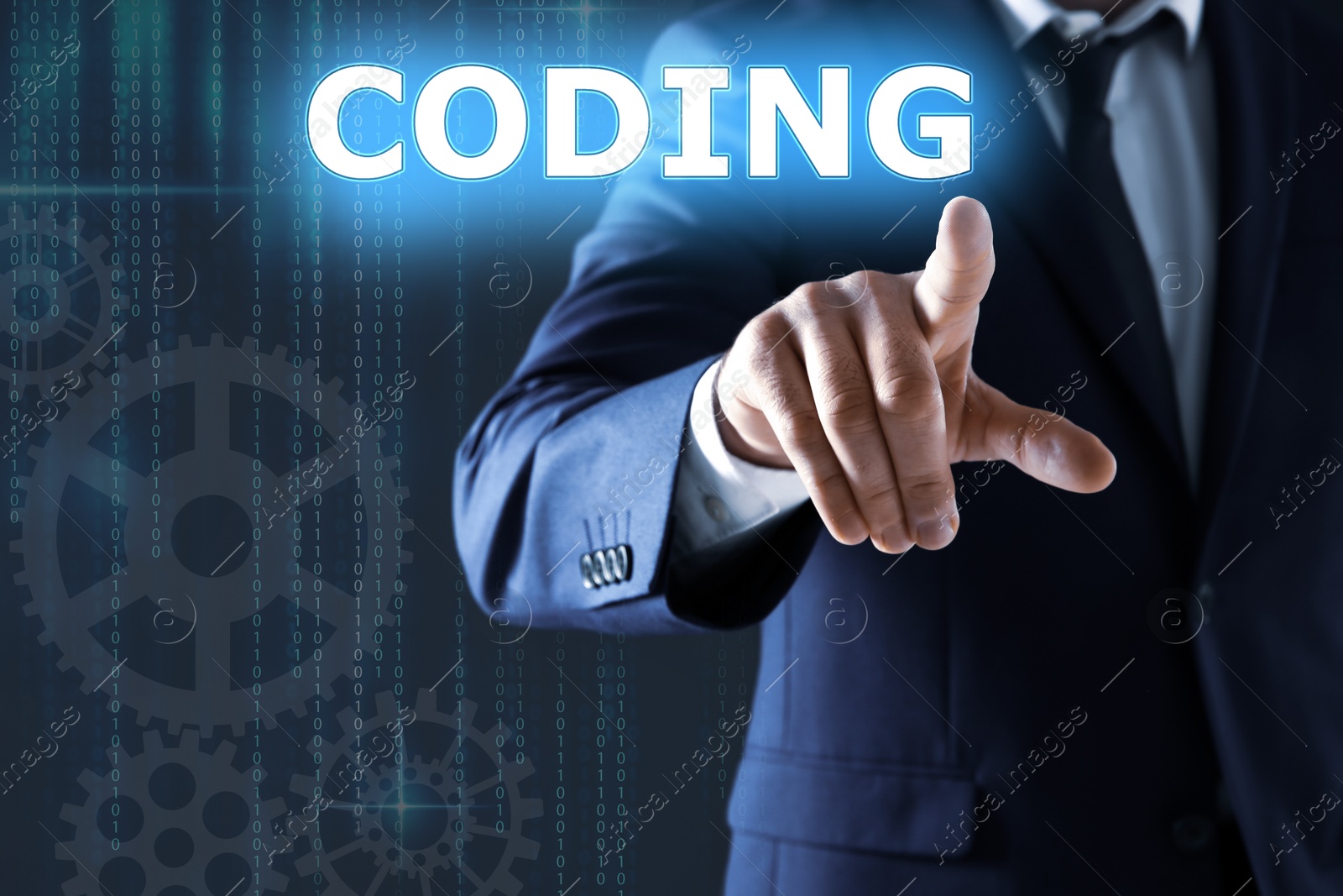 Image of Businessman pointing at word CODING on virtual screen, closeup 