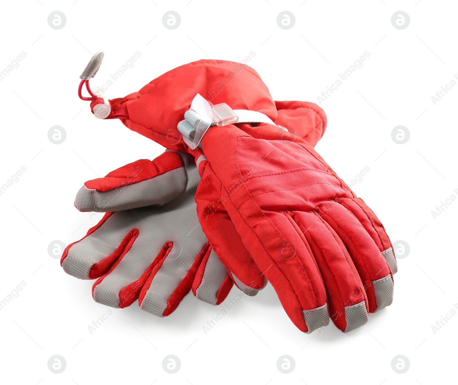 Photo of Pair of red ski gloves isolated on white. Winter sports clothes