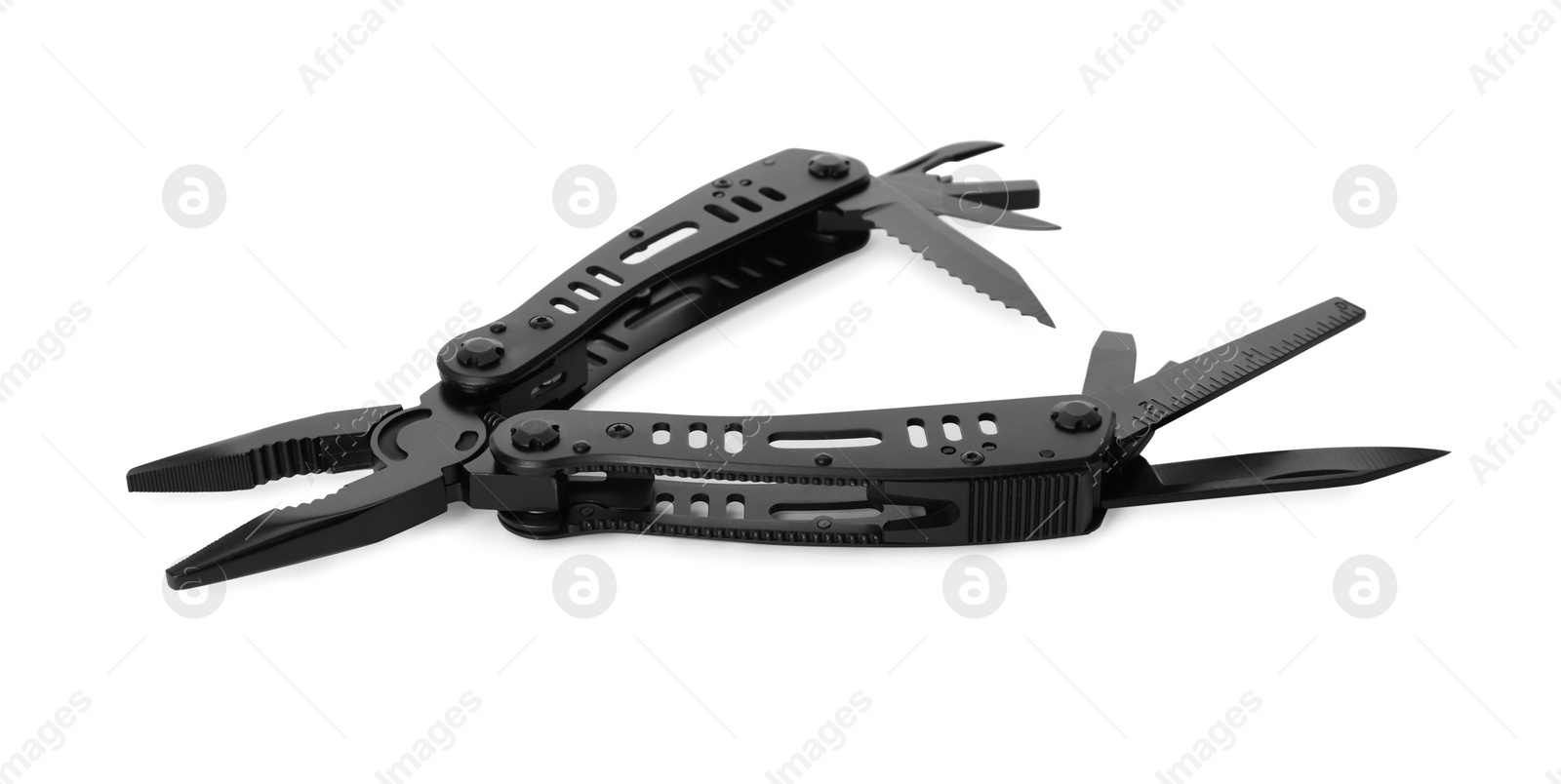 Photo of Compact portable black multitool isolated on white