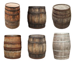 Image of Set with different wooden barrels isolated on white