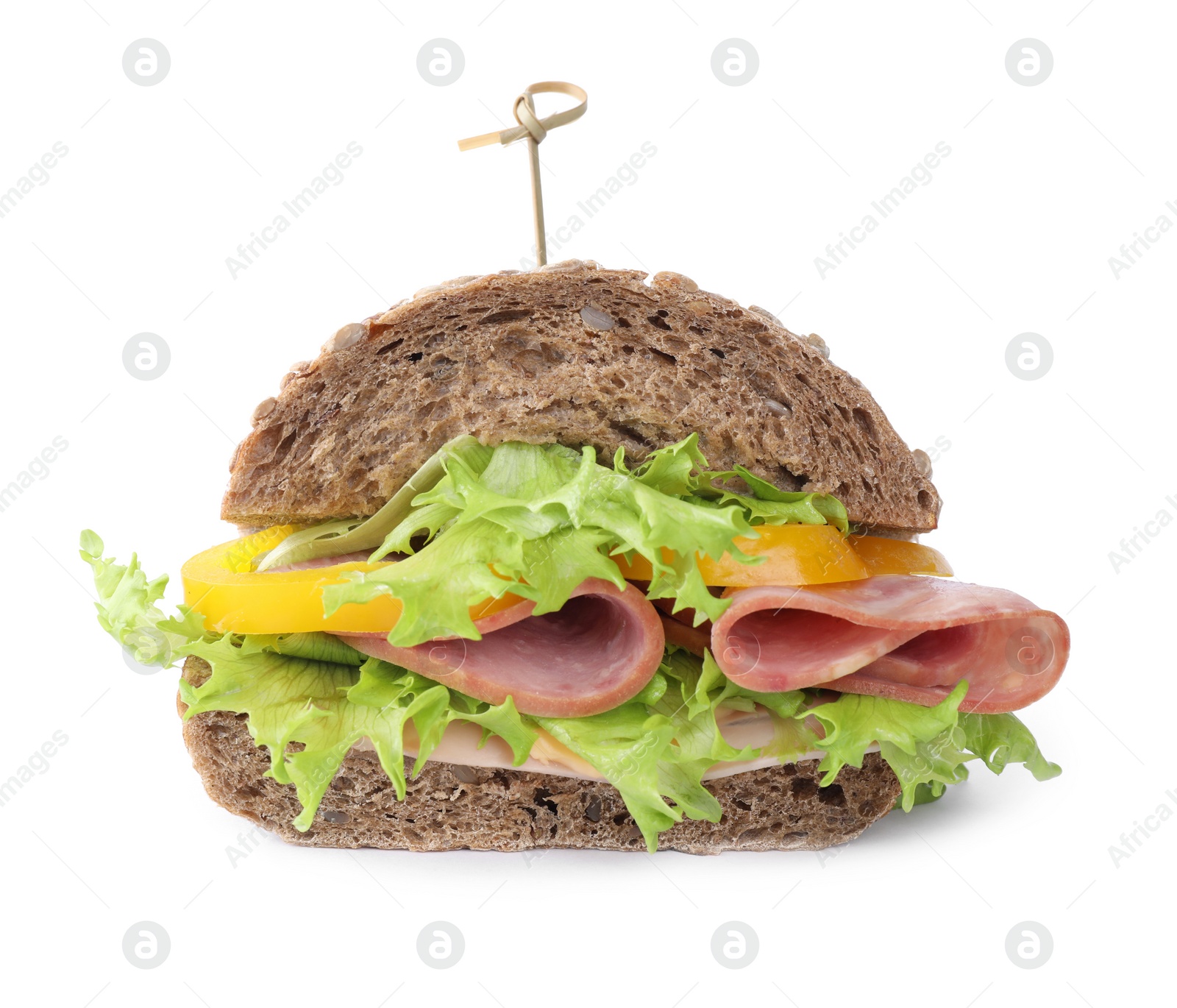 Photo of Tasty sandwich with ham isolated on white