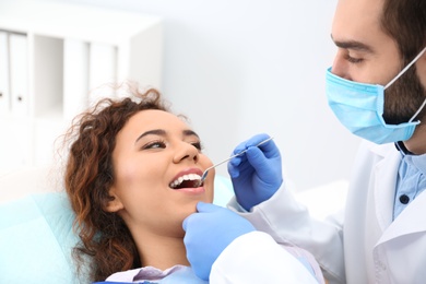 Dentist examining African-American woman's teeth with mirror in hospital