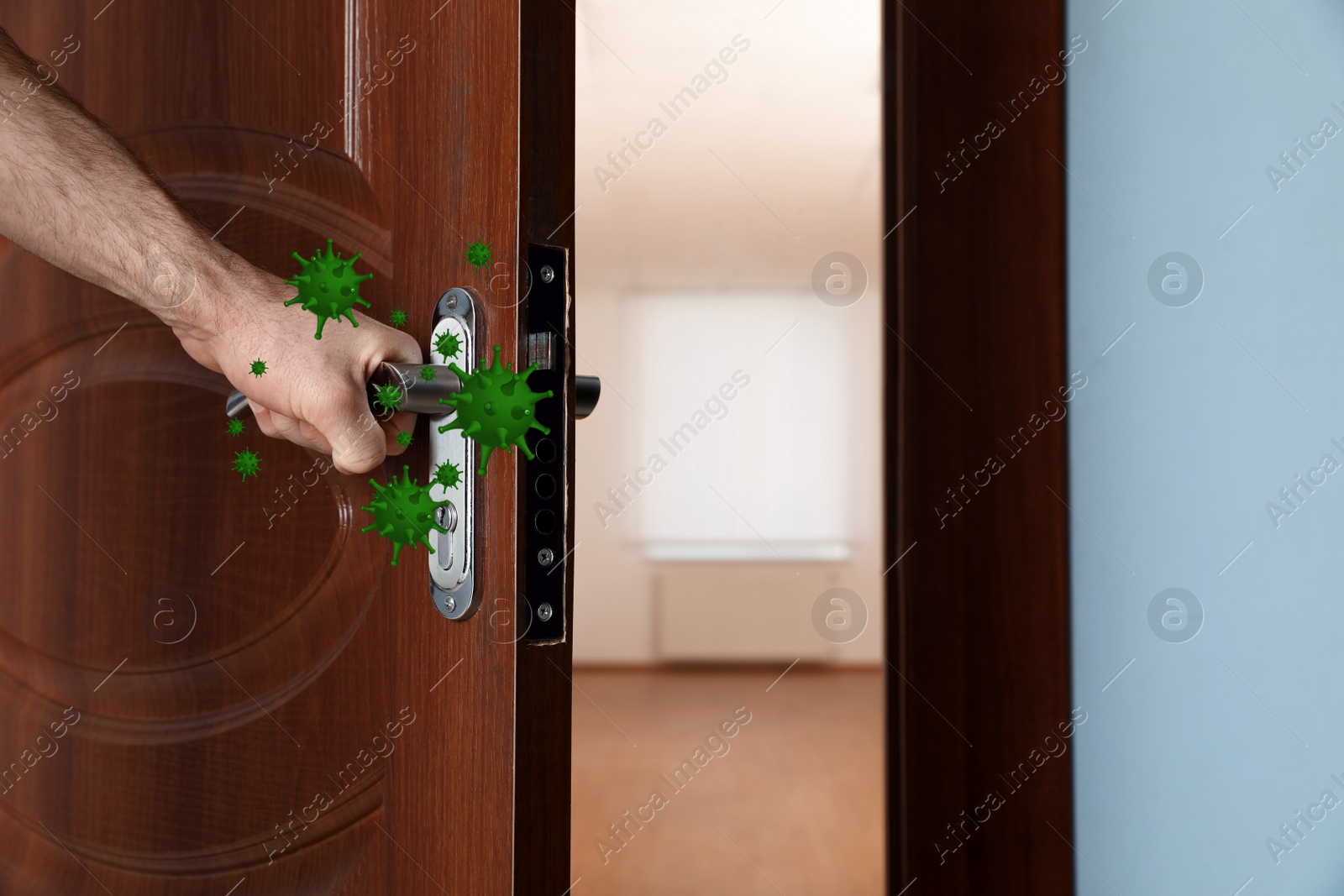 Image of Abstract illustration of virus and man opening wooden door, closeup. Avoid touching surfaces in public spaces during COVID-19 pandemic