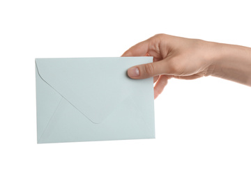 Woman holding paper envelope on white background, closeup
