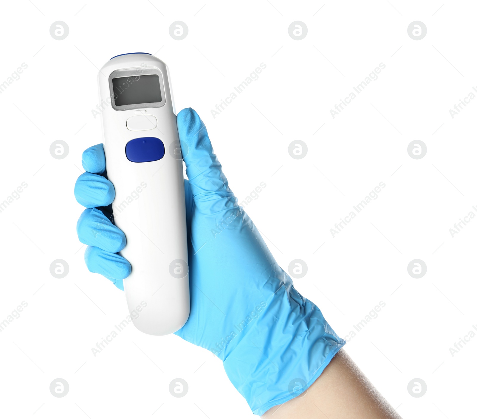 Photo of Doctor in latex gloves holding non-contact infrared thermometer on white background, closeup