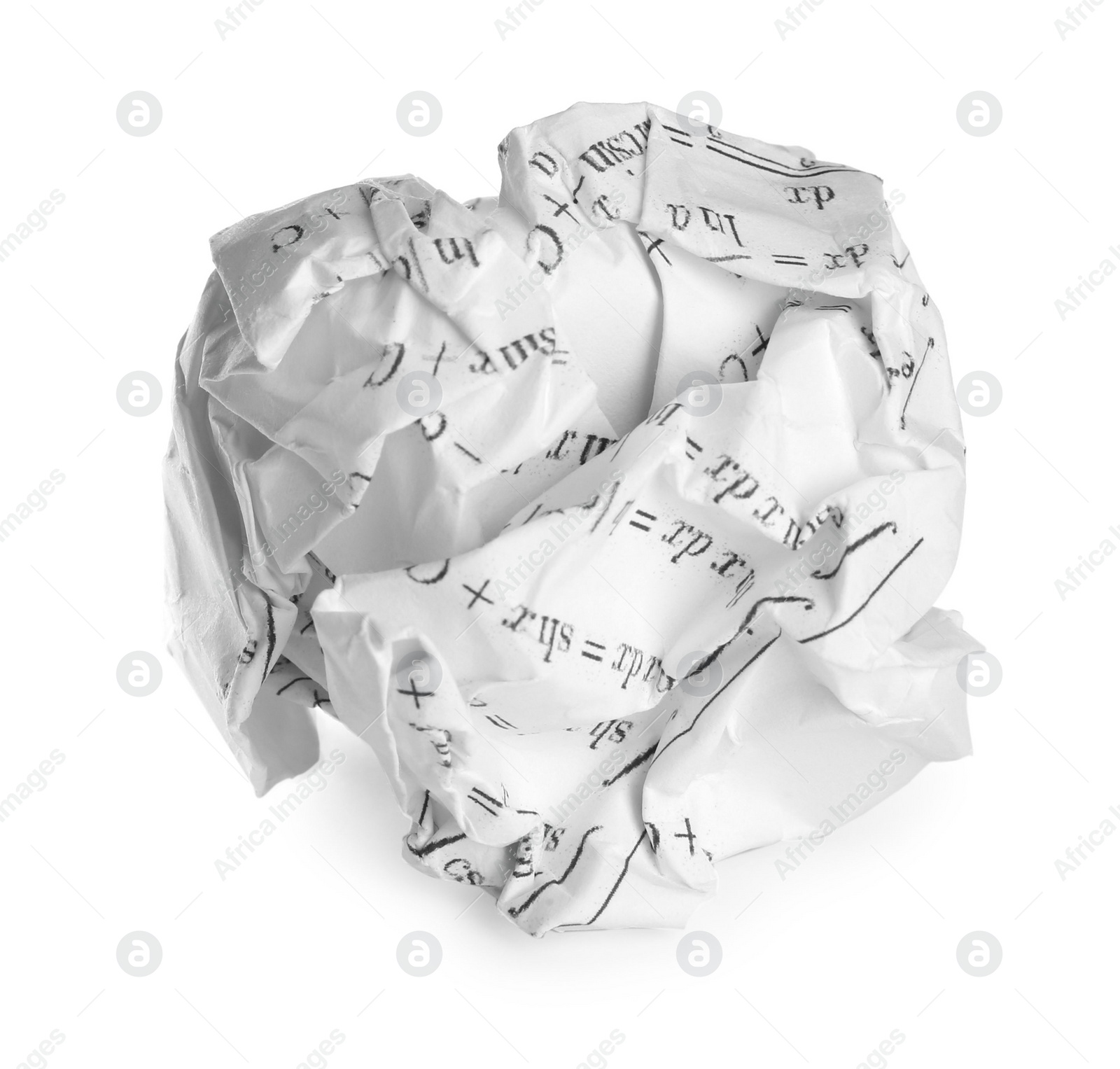 Photo of Crumpled sheet of paper with math equations isolated on white