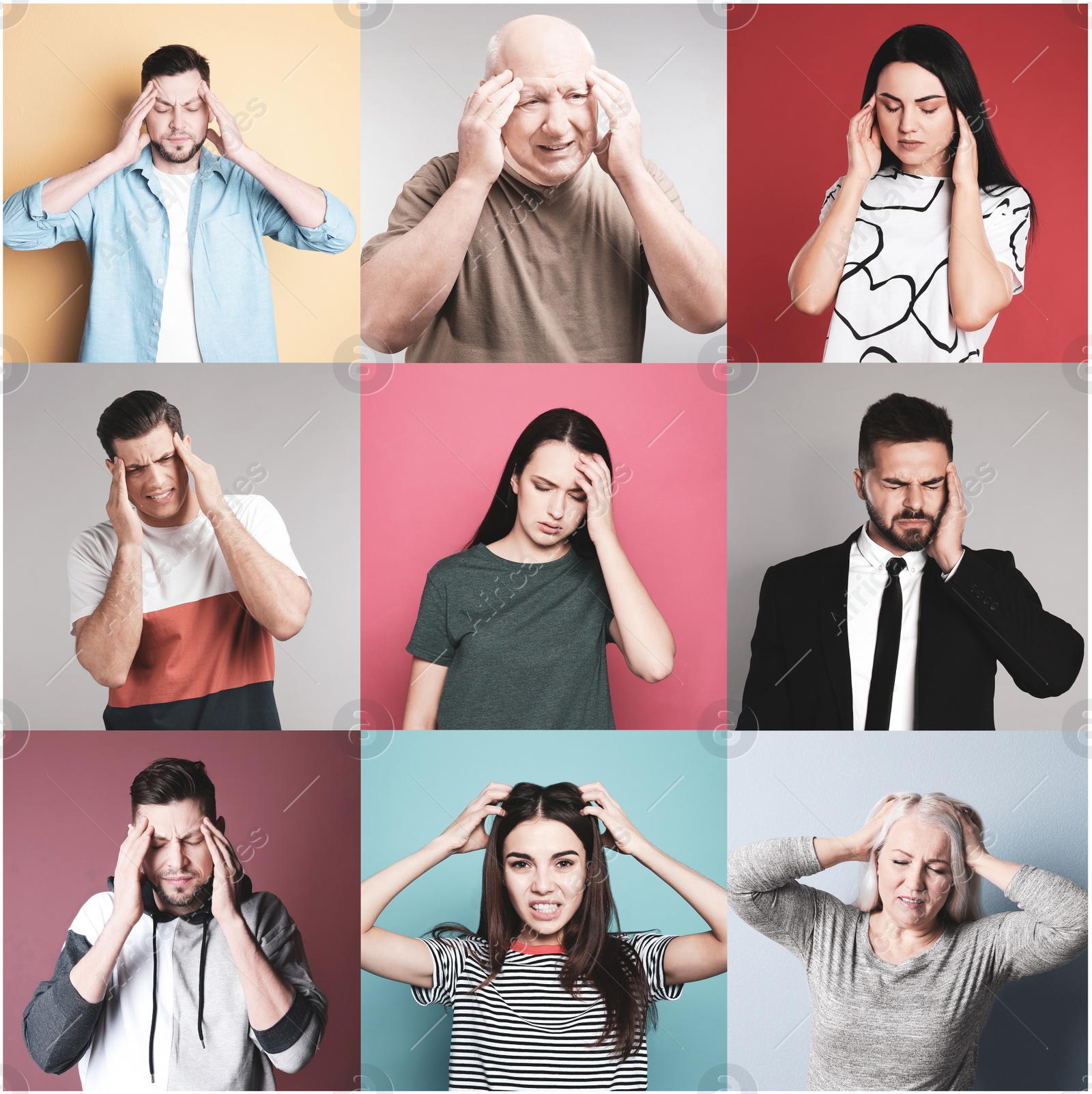 Image of Collage with stressed people on different color backgrounds