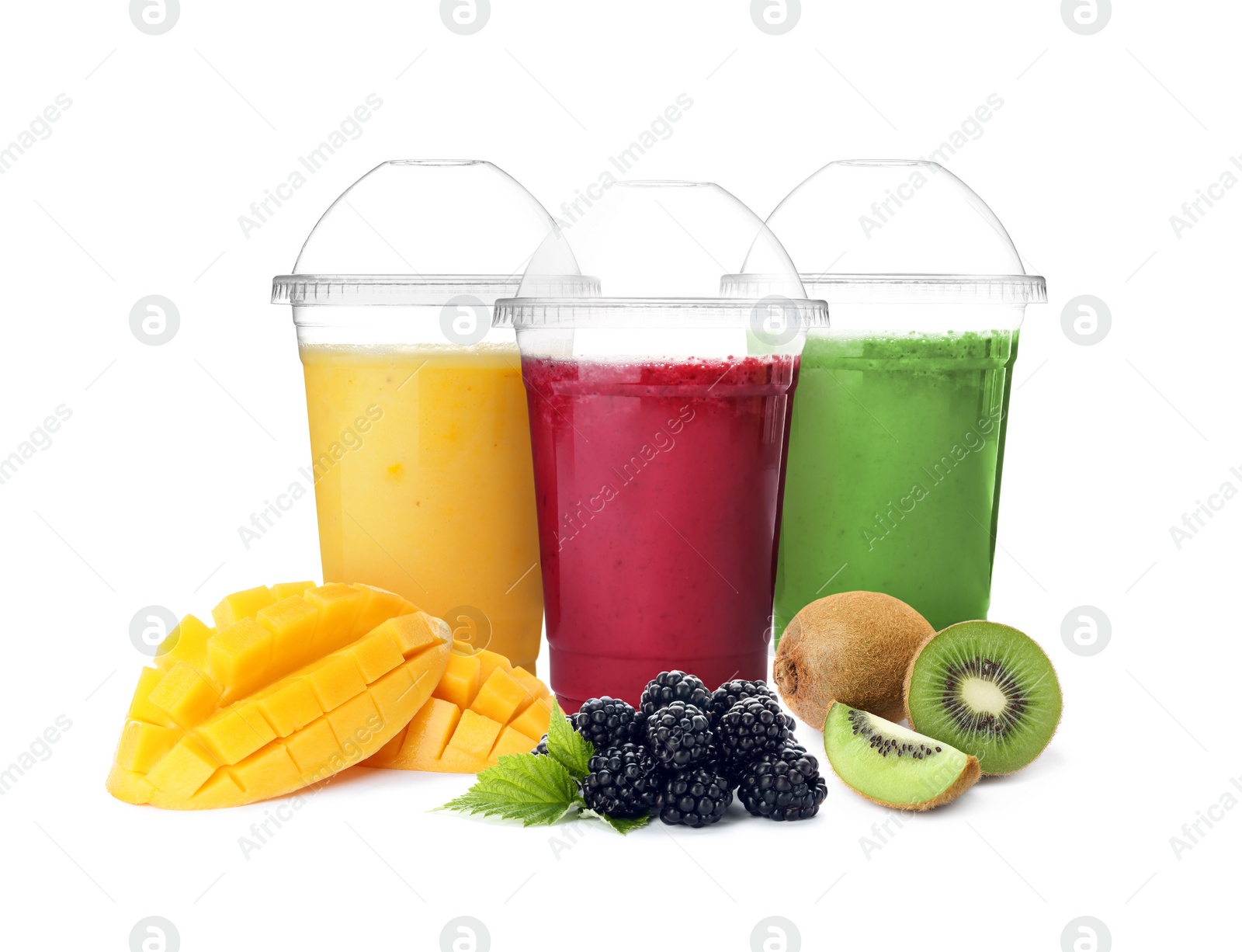 Image of Different delicious smoothies in plastic cups on white background