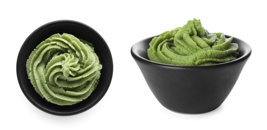 Image of Bowls with spicy wasabi paste on white background. Banner design