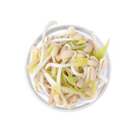 Photo of Mung bean sprouts in glass bowl isolated on white, top view