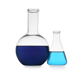 Photo of Chemistry glassware with color samples isolated on white