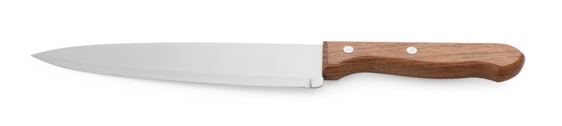 Photo of One sharp knife with wooden handle isolated on white