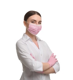 Cosmetologist in medical uniform on white background