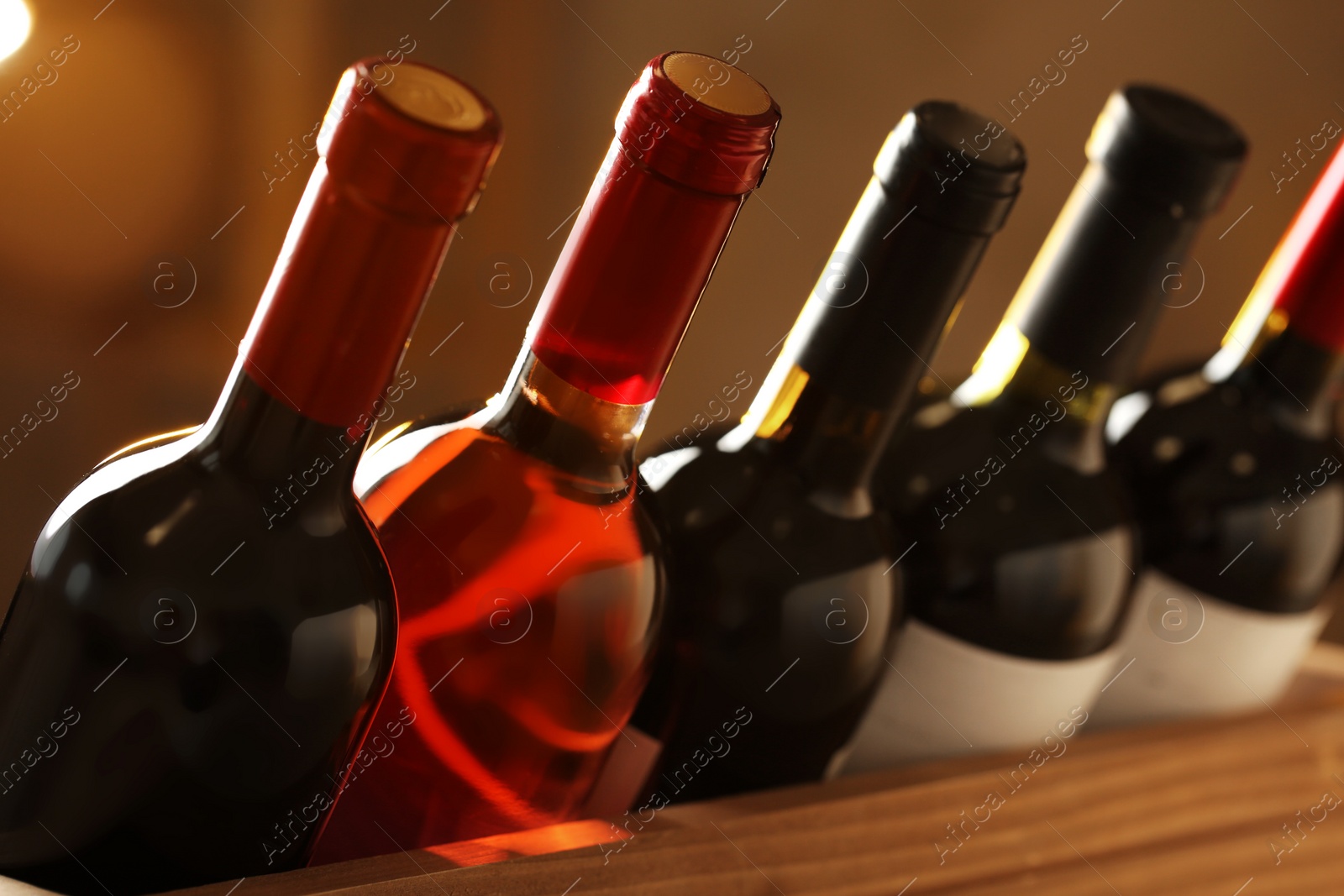 Photo of Bottles of different wines, closeup. Expensive collection