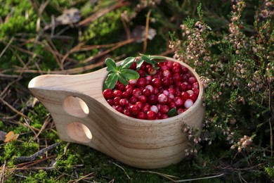 Many ripe lingonberries in wooden cup on sunny day outdoors
