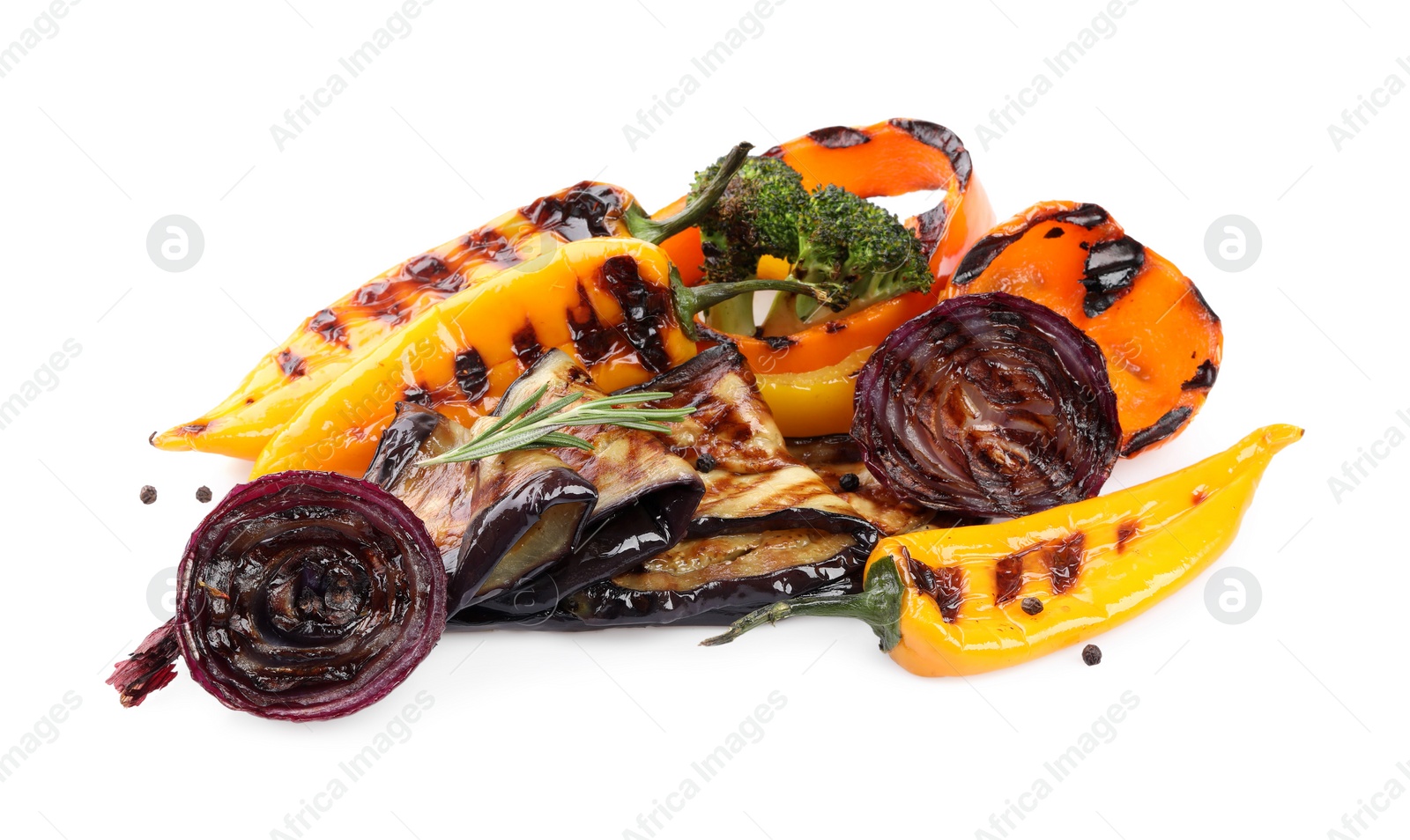 Photo of Different delicious grilled vegetables isolated on white