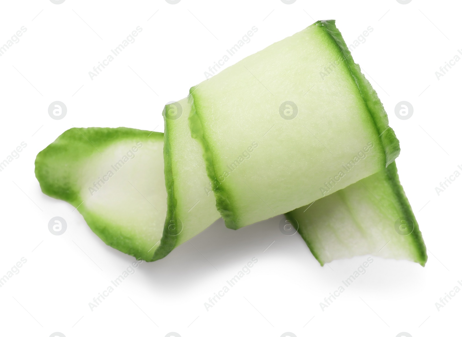 Photo of Slice of fresh cucumber isolated on white, top view