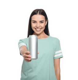 Beautiful happy woman holding beverage can on white background